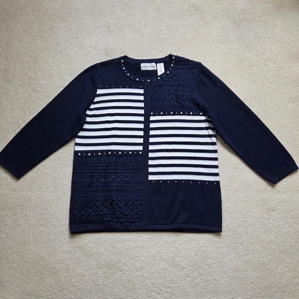 Alfred Dunner S Navy Blue White Stripe Pullover 3/4 Sleeve Sweater Crochet